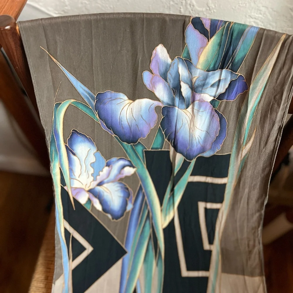 Hand Painted Silk Iris Scarf 100% Natural Silk Wearable Art Long Floral Wrap
